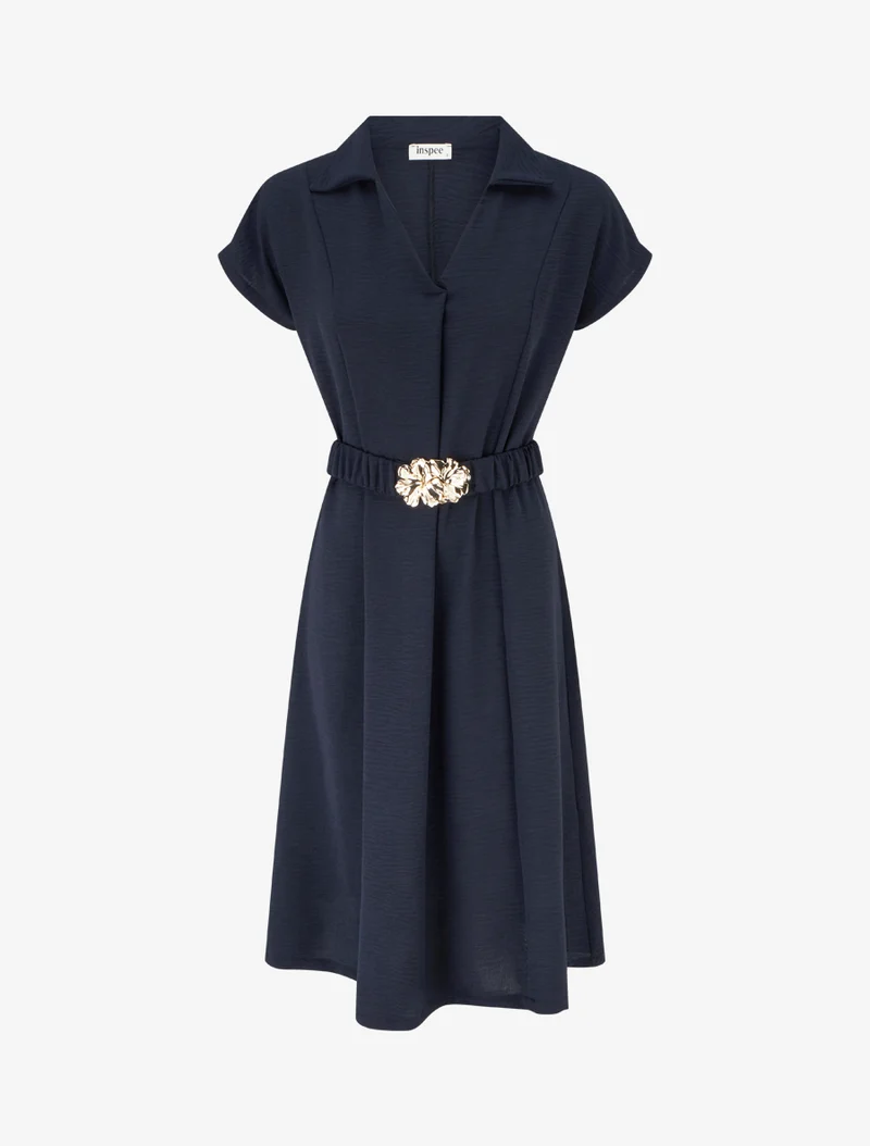 Fließendes einfarbiges Kleid mit Gürtel - Marine