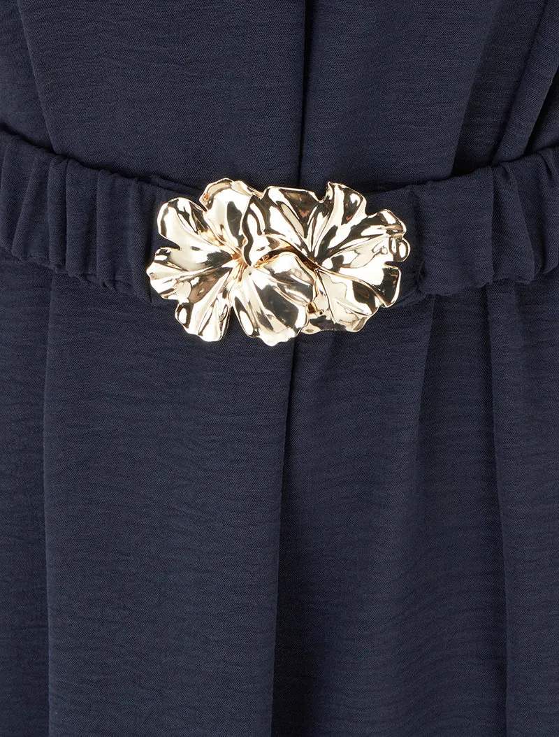 Fließendes einfarbiges Kleid mit Gürtel - Marine