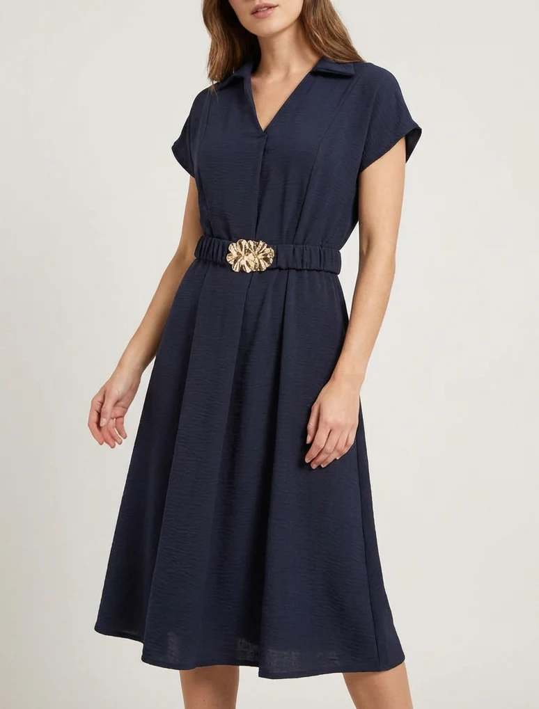 Fließendes einfarbiges Kleid mit Gürtel - Marine