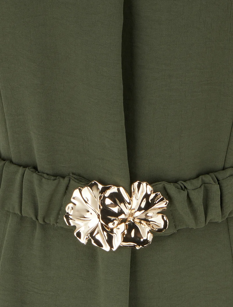 Fließendes einfarbiges Kleid mit Gürtel - Kaki