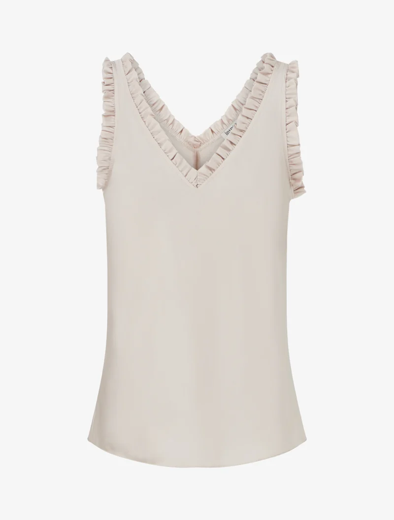 Ärmelloses Satin-Top mit Rüschenkragen - Beige