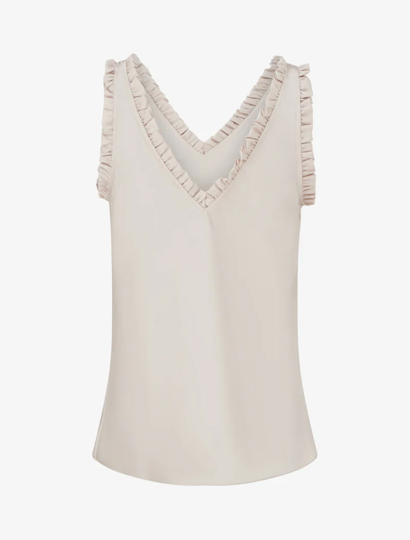 Ärmelloses Satin-Top mit Rüschenkragen - Beige