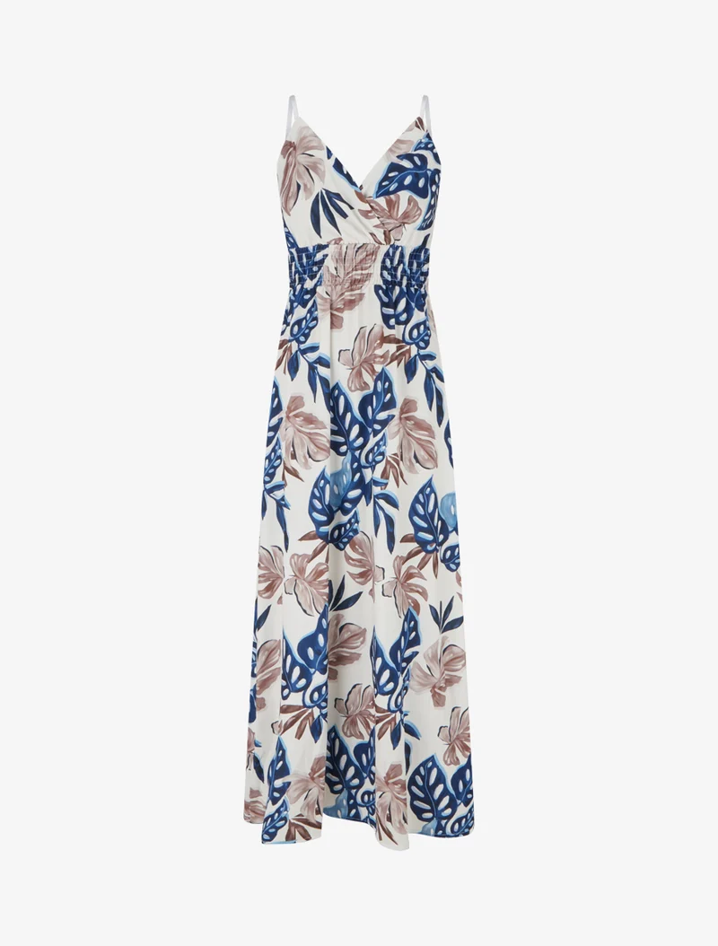 Langes Kleid mit schmalen Trägern und tropischem Print - Marine