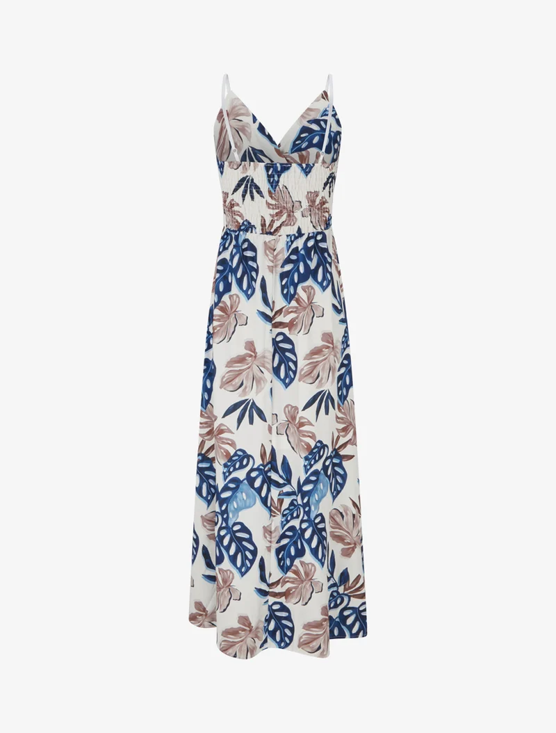 Langes Kleid mit schmalen Trägern und tropischem Print - Marine