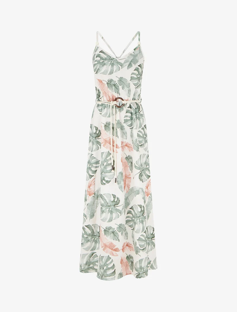 Langes Kleid mit Blattdruck und elastischer Taille - Kaki