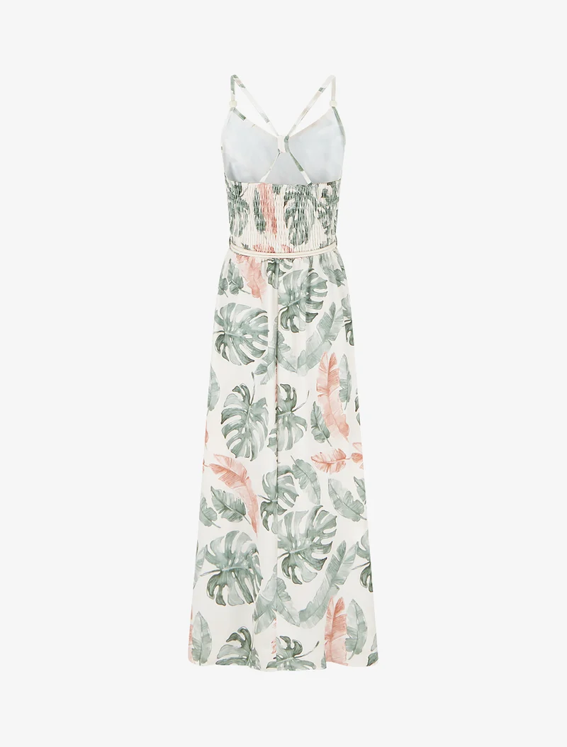 Langes Kleid mit Blattdruck und elastischer Taille - Kaki