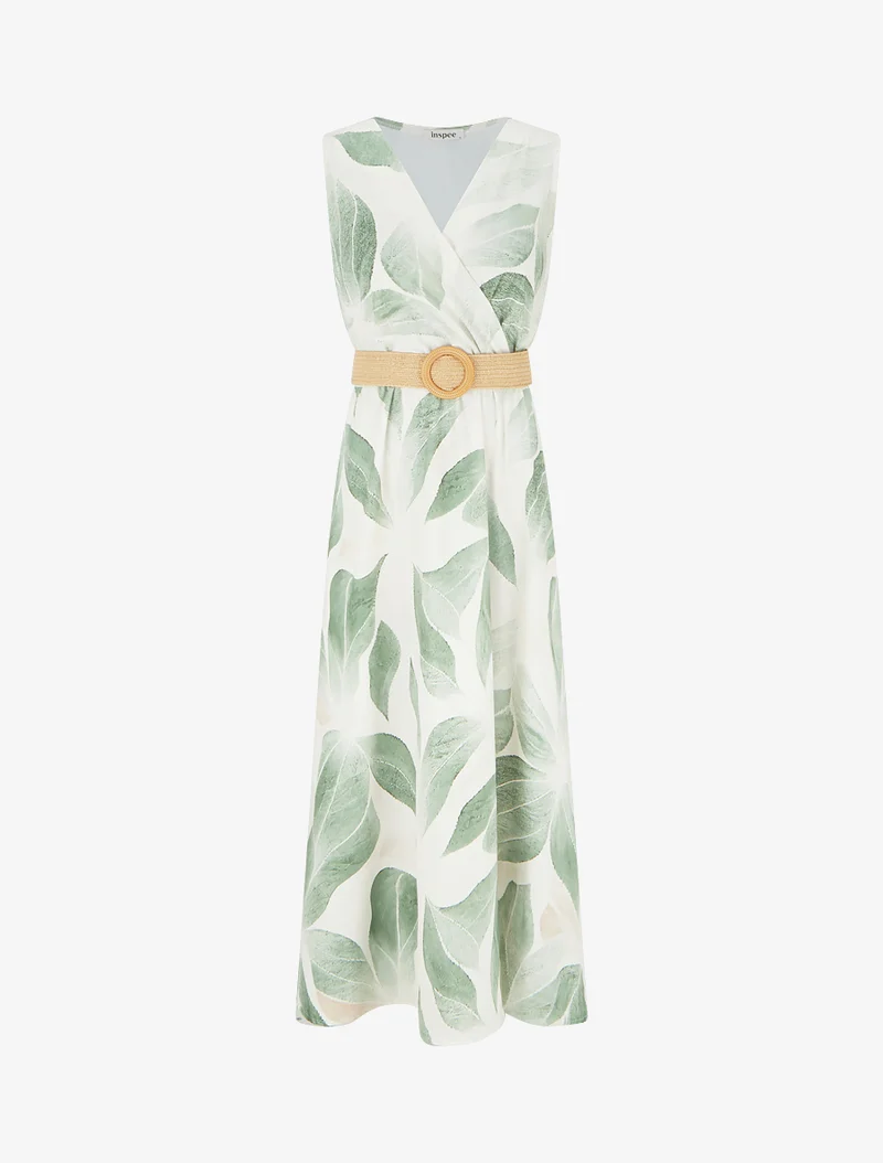 Blätterdruckkleid mit Wickelausschnitt - Kaki