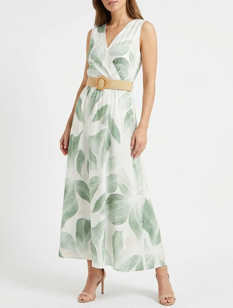 Blätterdruckkleid mit Wickelausschnitt - Kaki