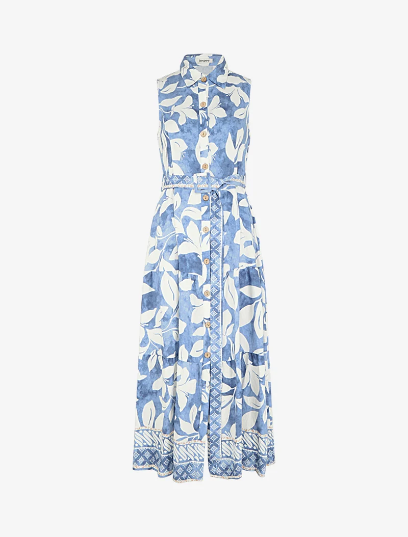 Hemdblusenkleid mit tropischem Blumenmuster - Hellblau