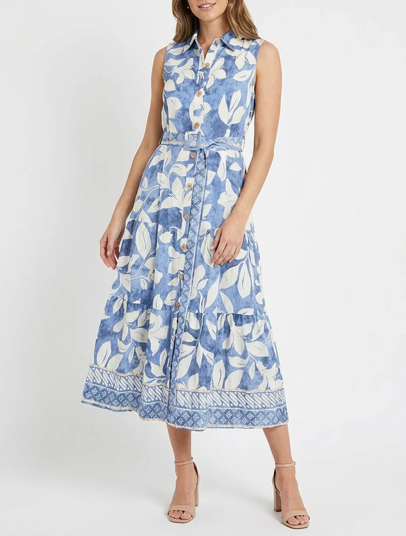 Hemdblusenkleid mit tropischem Blumenmuster - Hellblau