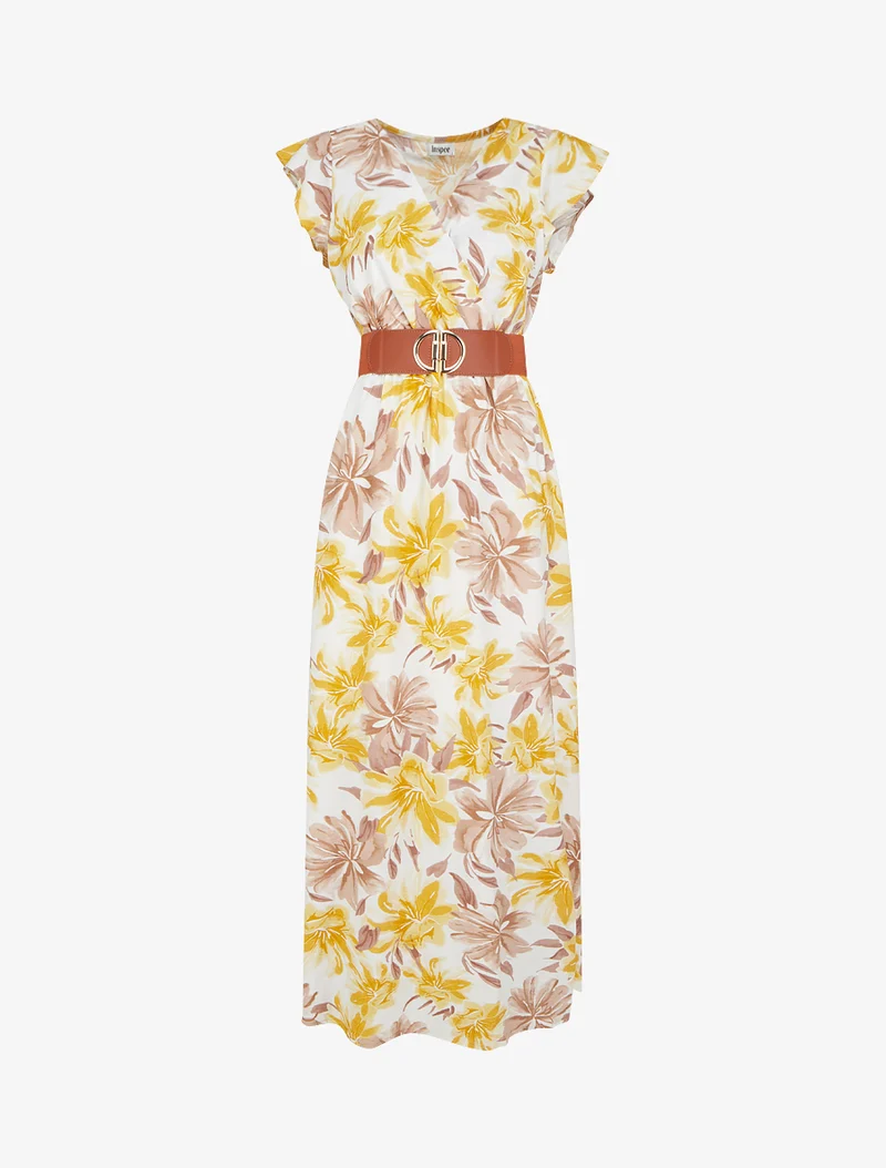 Langes Kleid mit Blumenmuster und kurzen Ärmeln - Gelb
