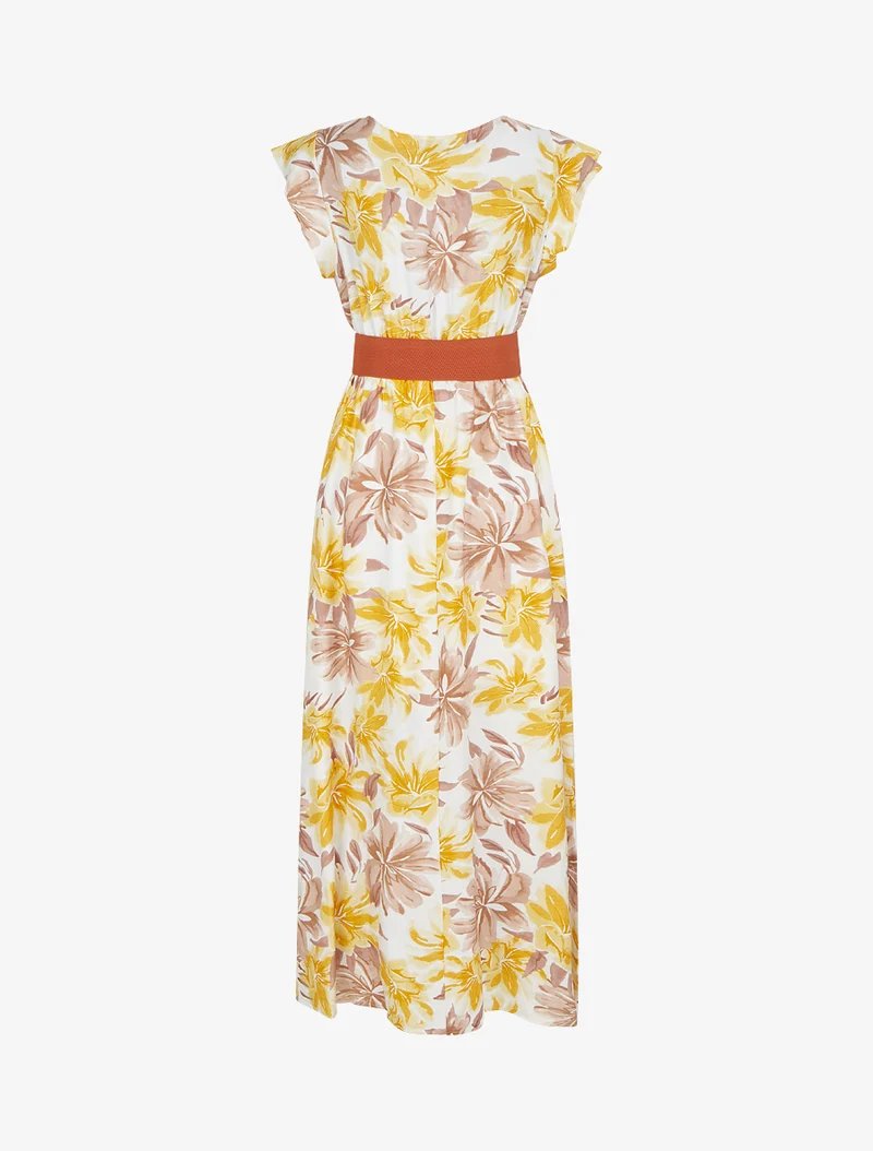 Langes Kleid mit Blumenmuster und kurzen Ärmeln - Gelb