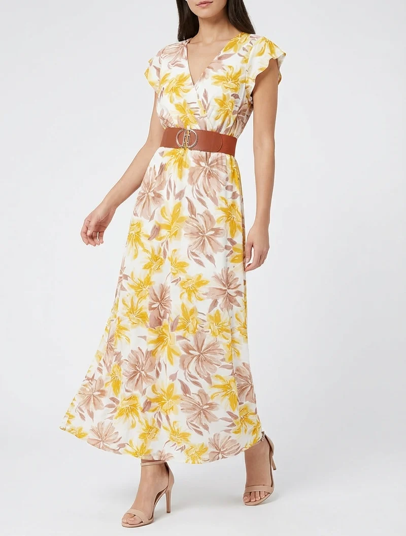 Langes Kleid mit Blumenmuster und kurzen Ärmeln - Gelb