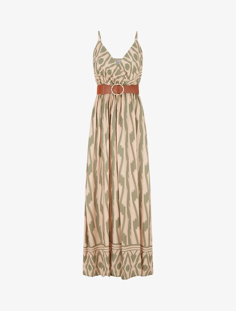 Kleid mit elastischer Taille und Fantasiemuster - Kaki