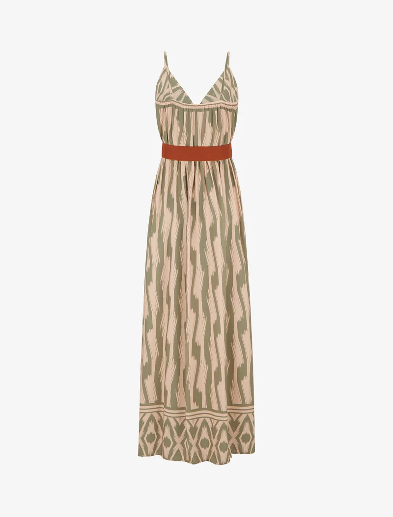 Kleid mit elastischer Taille und Fantasiemuster - Kaki