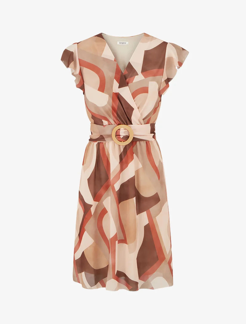 Wickelkleid mit Retro-Print - Kamel