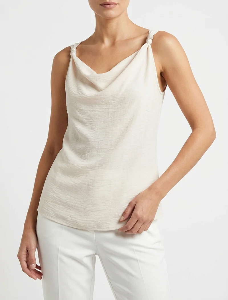 Ärmelloses Top mit Schmuckbesatz - Beige