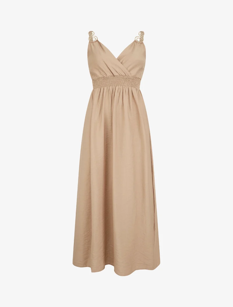 Langes Kleid mit Schmuckträgern - Beige
