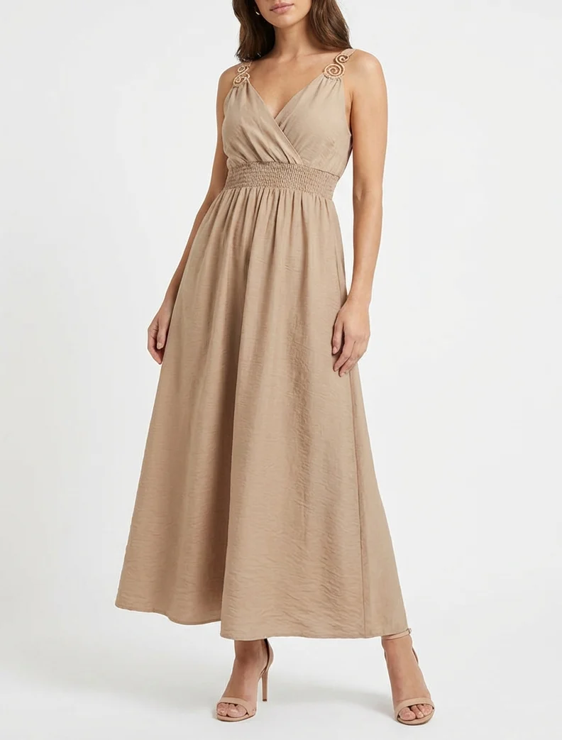 Langes Kleid mit Schmuckträgern - Beige