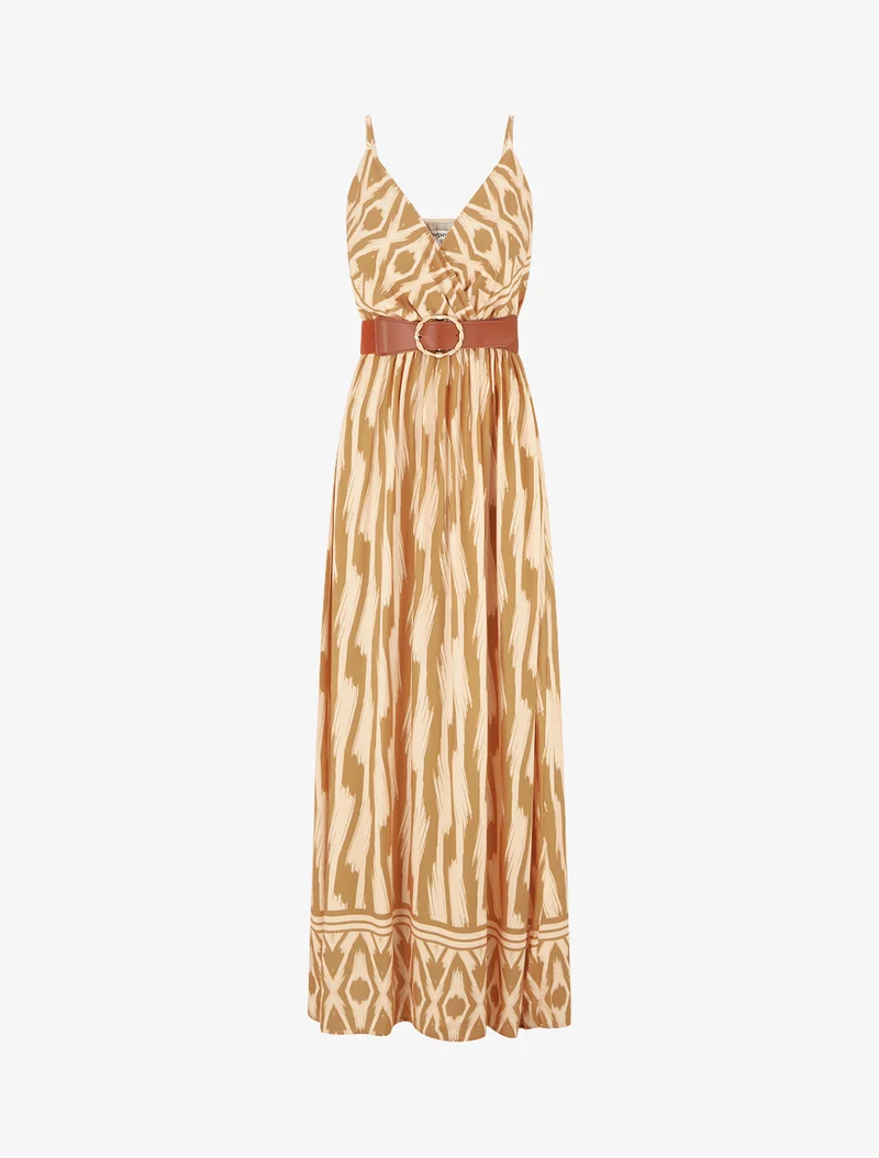 Kleid mit elastischer Taille und Fantasiemuster - Senfgelb