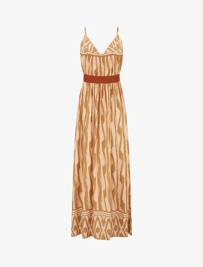 Kleid mit elastischer Taille und Fantasiemuster - Senfgelb