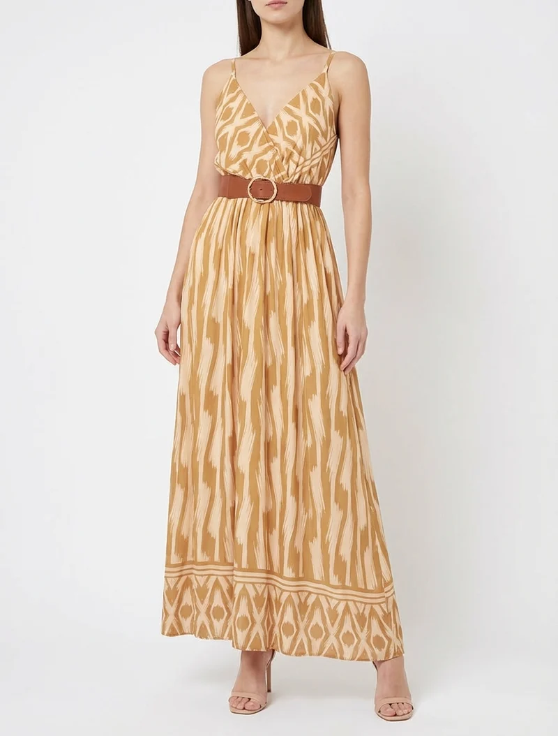 Kleid mit elastischer Taille und Fantasiemuster - Senfgelb