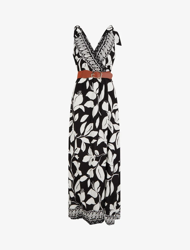 Kleid mit tropischem Blumenprint und Bindeträgern. - Schwarz