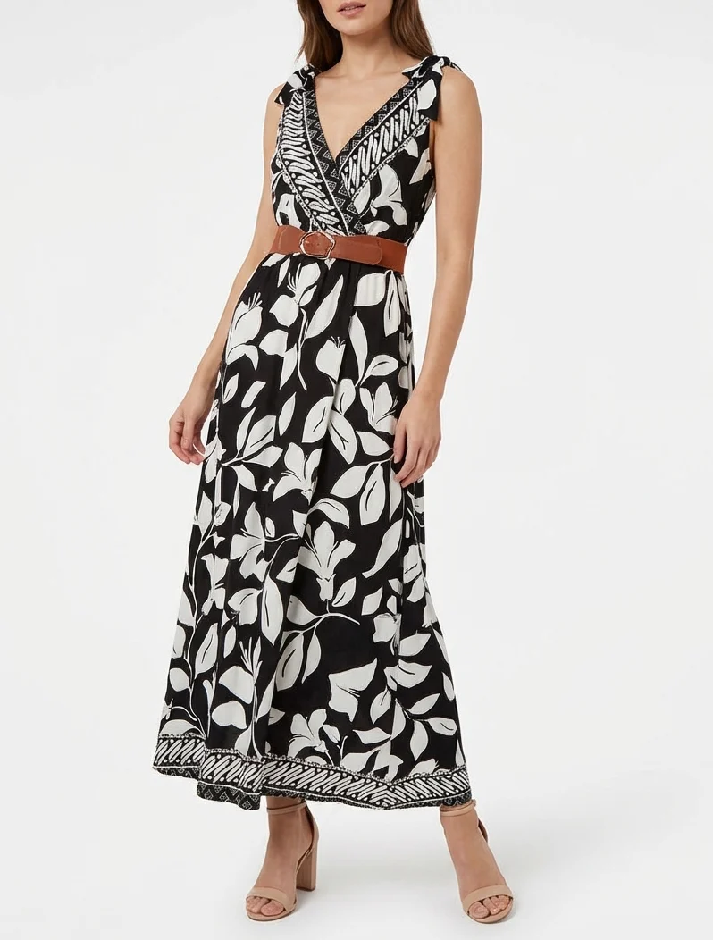 Kleid mit tropischem Blumenprint und Bindeträgern. - Schwarz