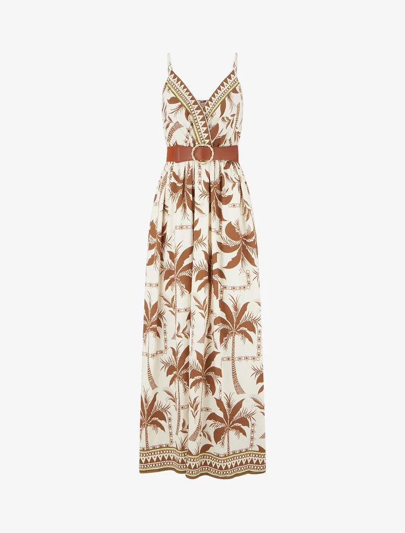 Langes Kleid mit Palmenmuster - Braun