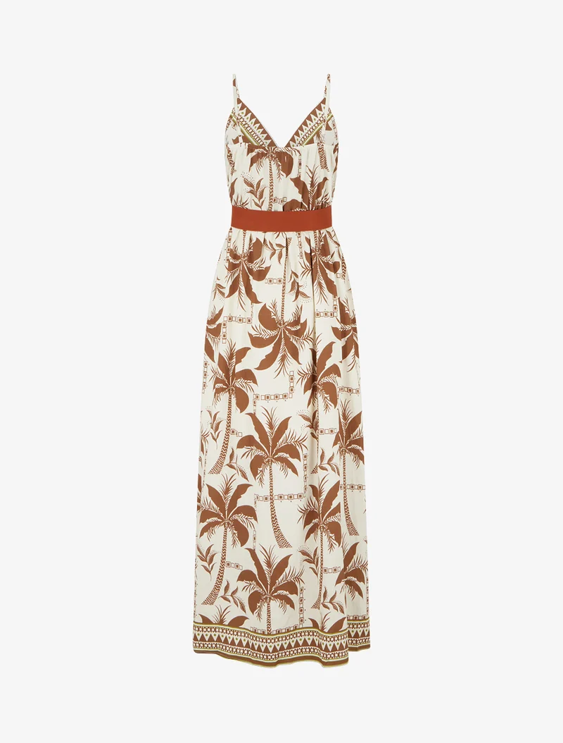 Langes Kleid mit Palmenmuster - Braun