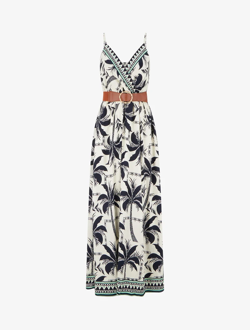 Langes Kleid mit Palmenmuster - Marine