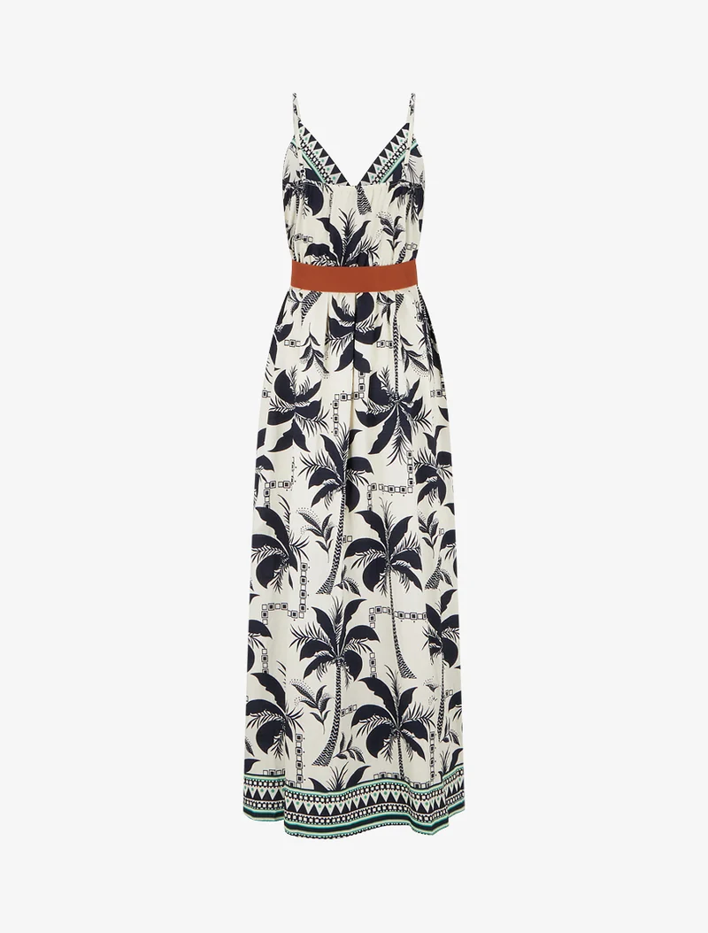 Langes Kleid mit Palmenmuster - Marine