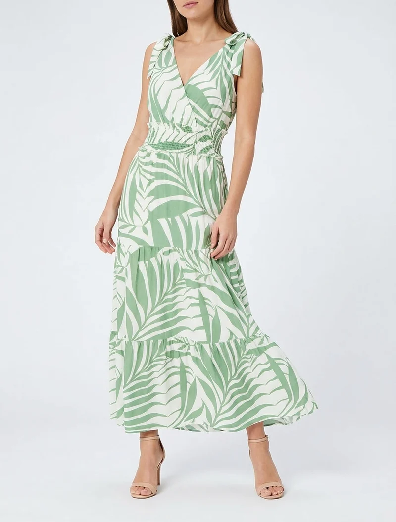 Kleid mit Blätterdruck und Knotenträgern - Grün