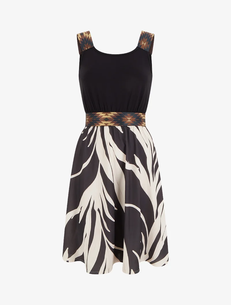 Grafisches Printkleid mit elastischer, dekorativer Taille - Schwarz