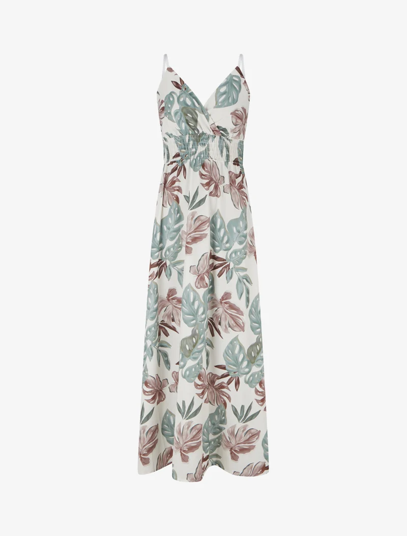 Langes Kleid mit schmalen Trägern und tropischem Print - Kaki
