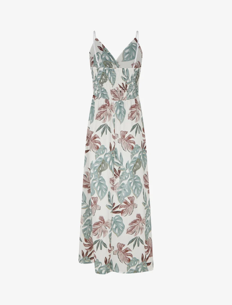 Langes Kleid mit schmalen Trägern und tropischem Print - Kaki