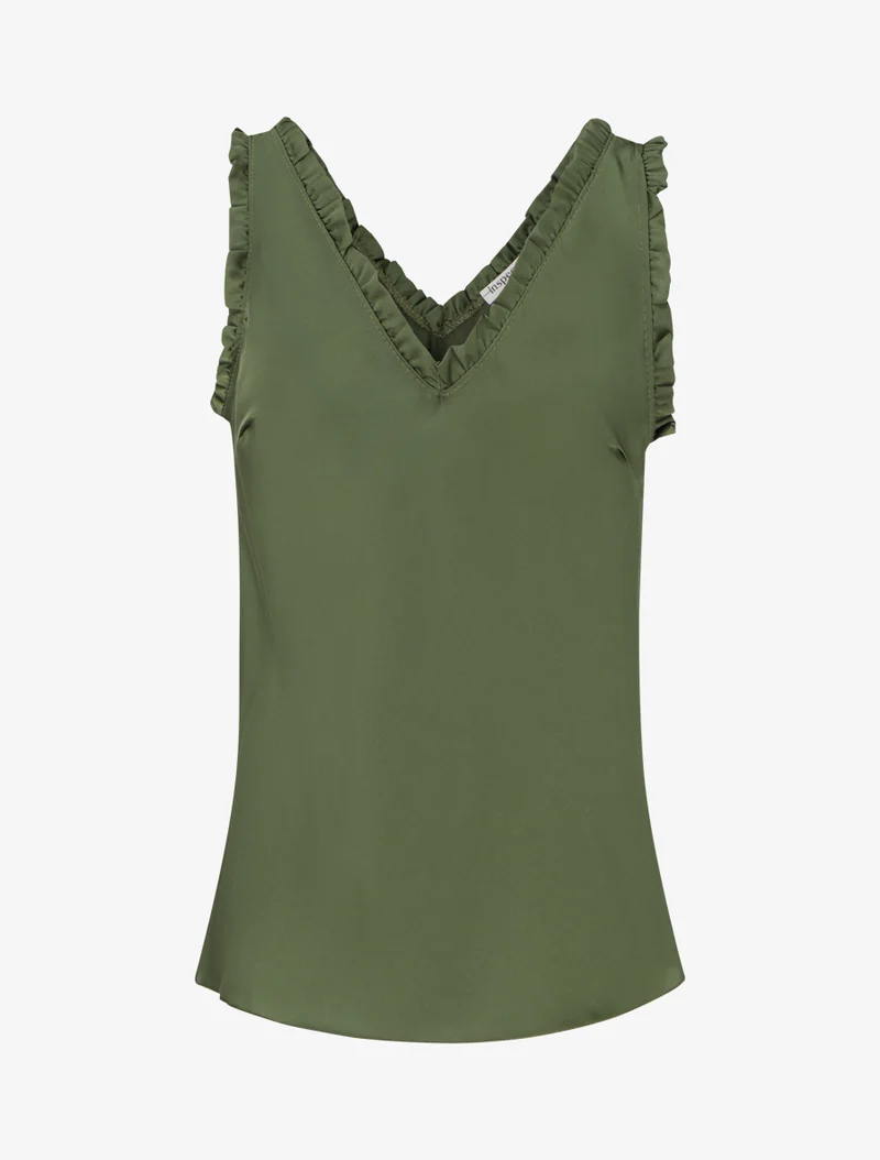 Ärmelloses Satin-Top mit Rüschenkragen - Kaki