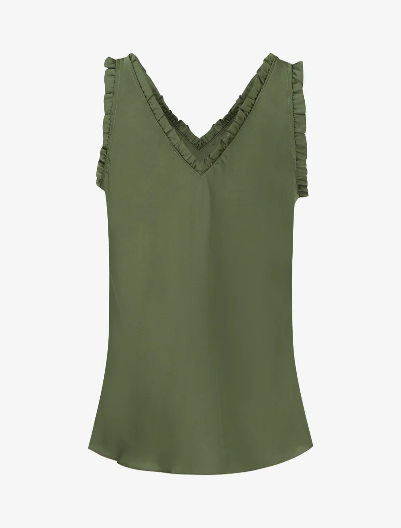 Ärmelloses Satin-Top mit Rüschenkragen - Kaki