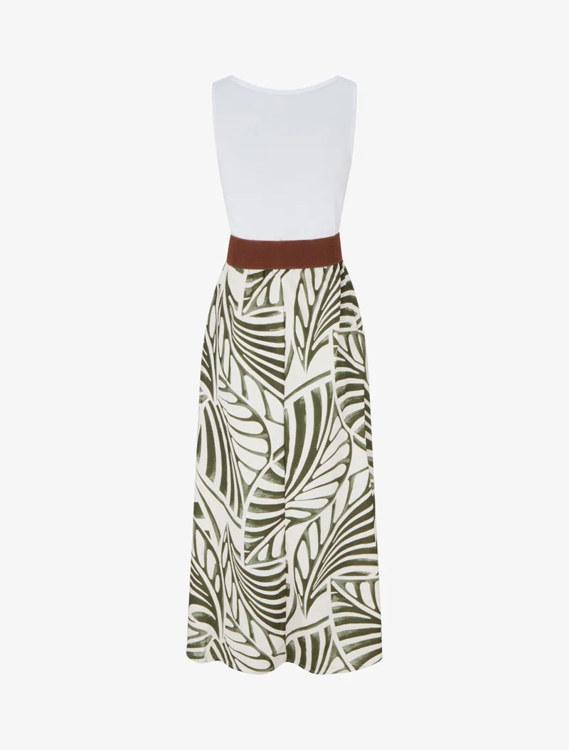 Ärmelloses langes Kleid mit Blattdruck - Kaki
