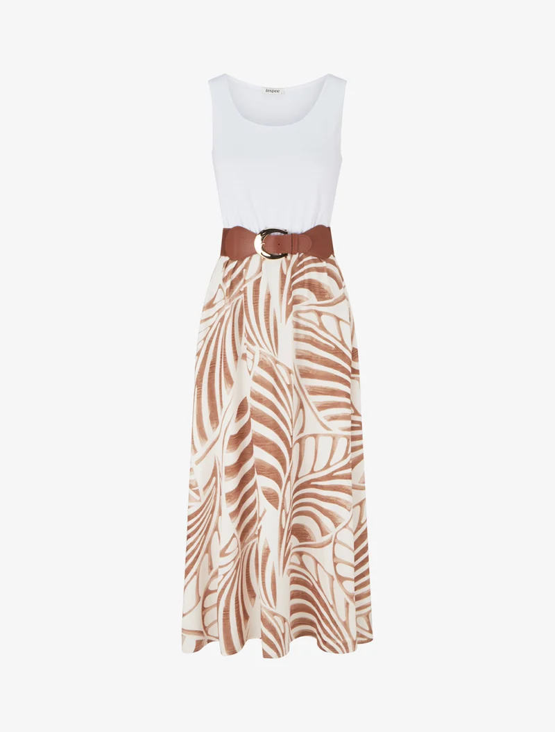 Ärmelloses langes Kleid mit Blattdruck - Dunkelbeige