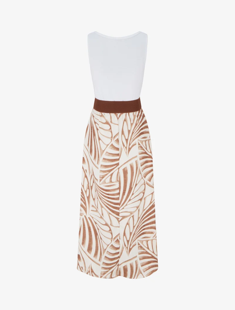 Ärmelloses langes Kleid mit Blattdruck - Dunkelbeige