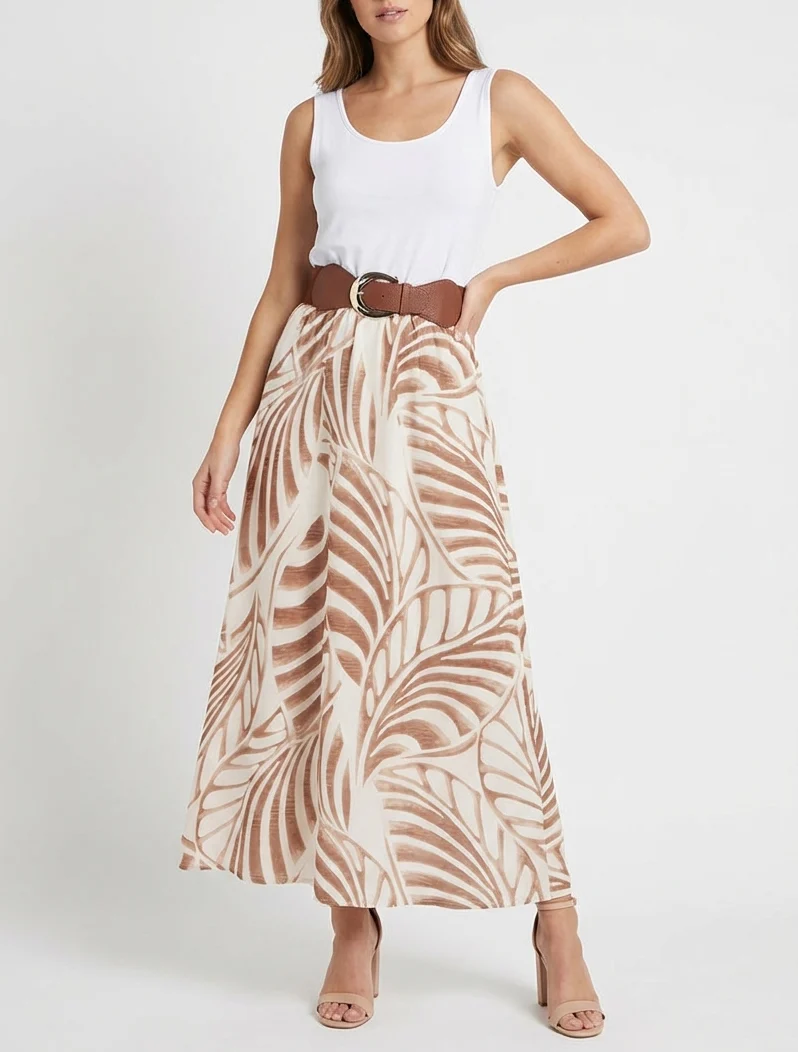 Ärmelloses langes Kleid mit Blattdruck - Dunkelbeige