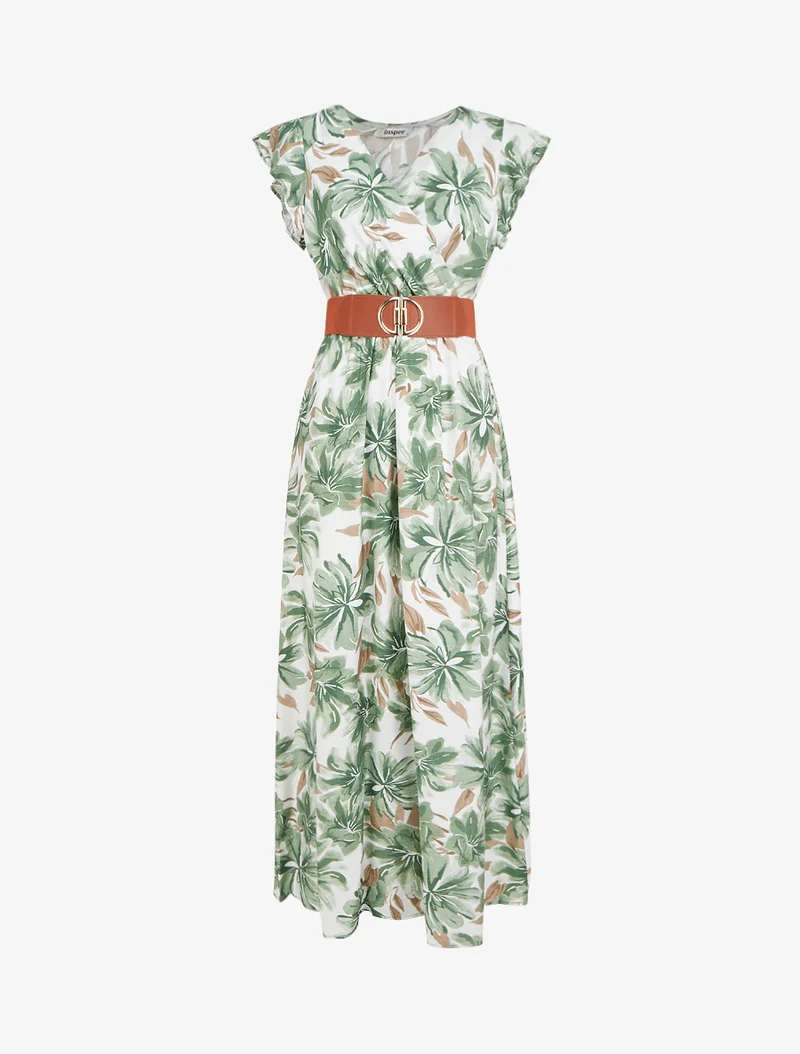 Langes Kleid mit Blumenmuster und kurzen Ärmeln - Grün