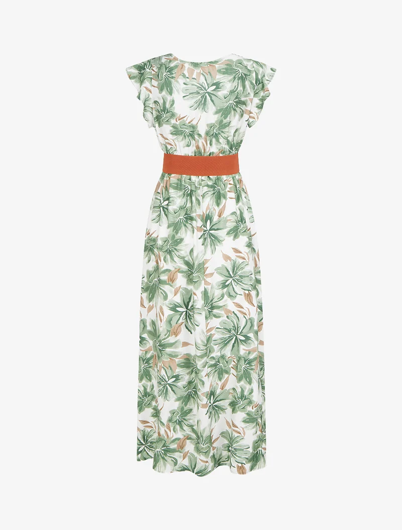 Langes Kleid mit Blumenmuster und kurzen Ärmeln - Grün