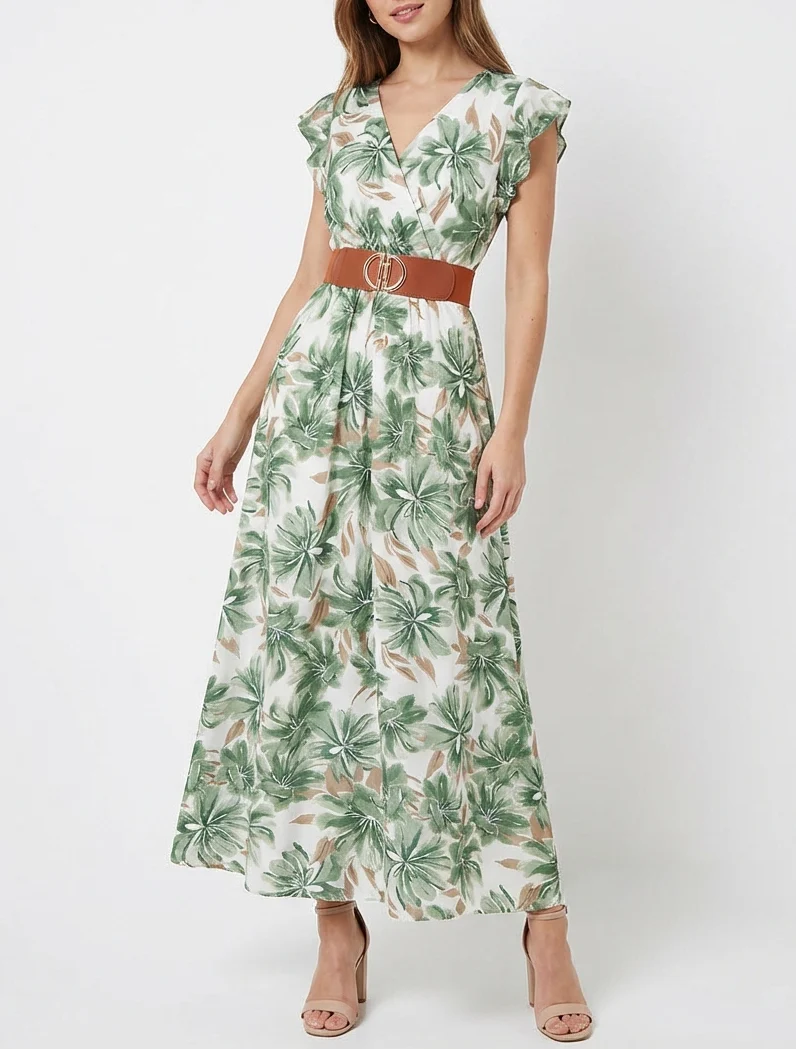 Langes Kleid mit Blumenmuster und kurzen Ärmeln - Grün