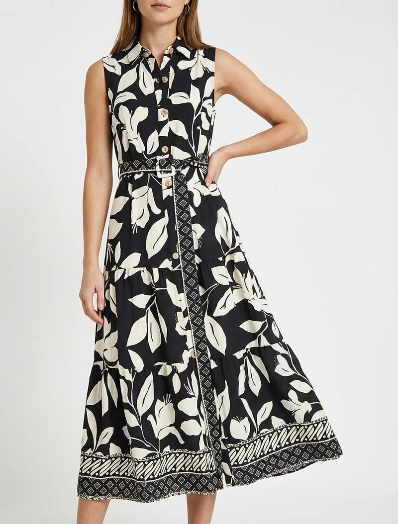 Hemdblusenkleid mit tropischem Blumenmuster - Schwarz