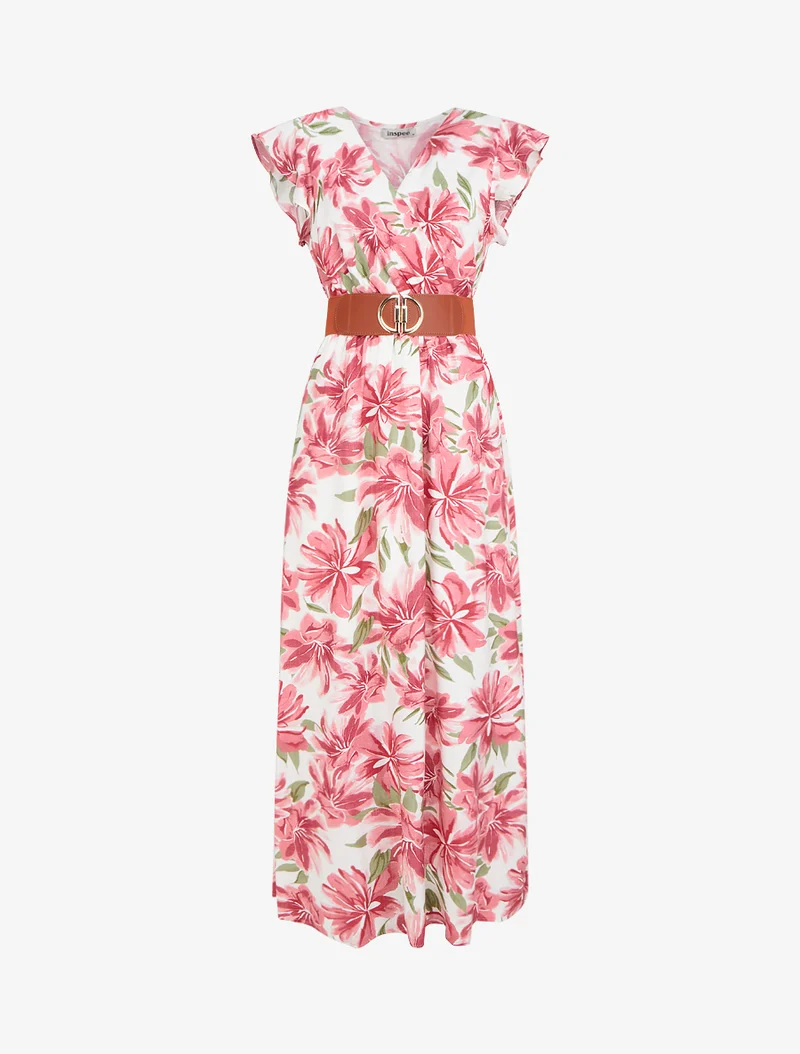Langes Kleid mit Blumenmuster und kurzen Ärmeln - Rose