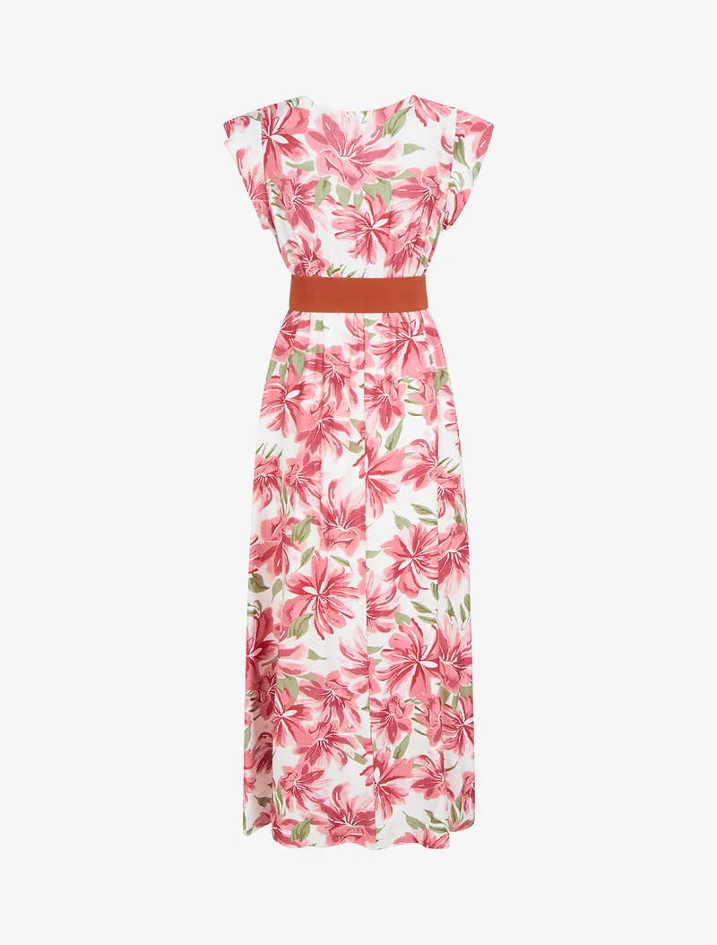 Langes Kleid mit Blumenmuster und kurzen Ärmeln - Rose