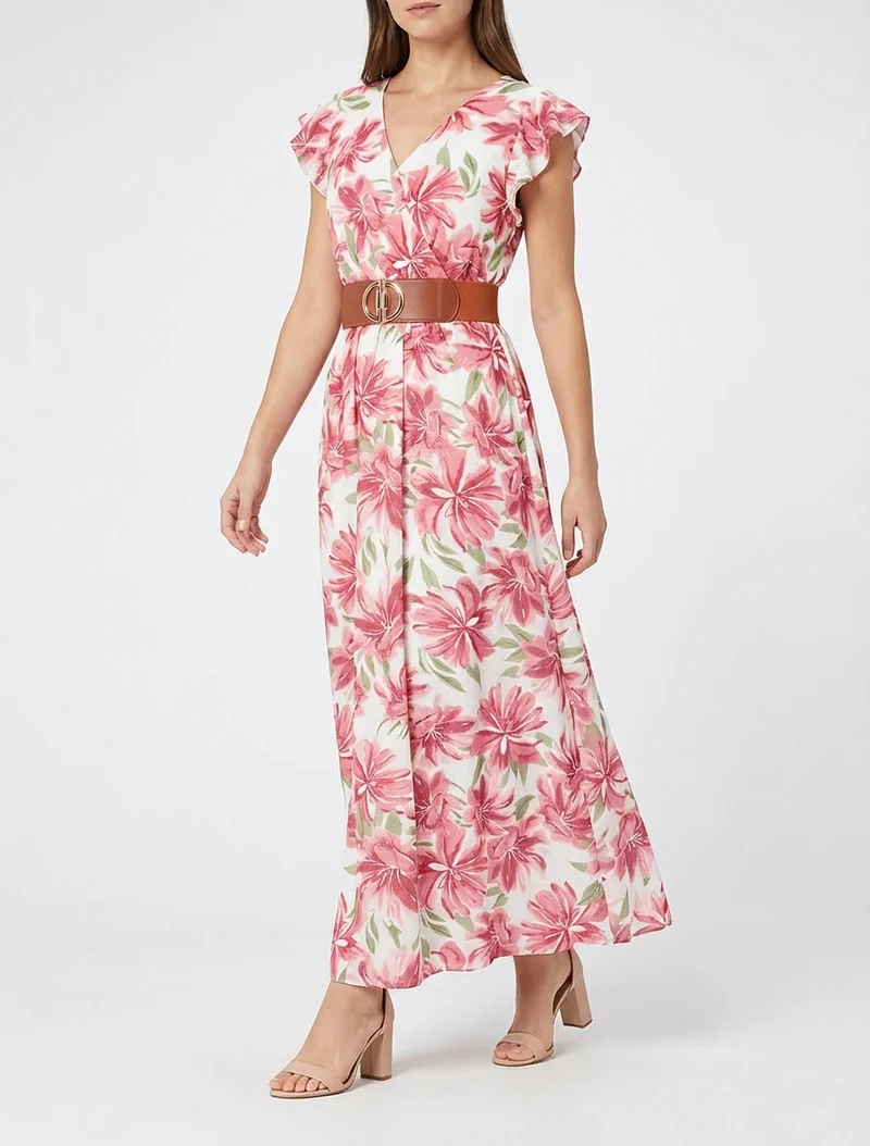 Langes Kleid mit Blumenmuster und kurzen Ärmeln - Rose