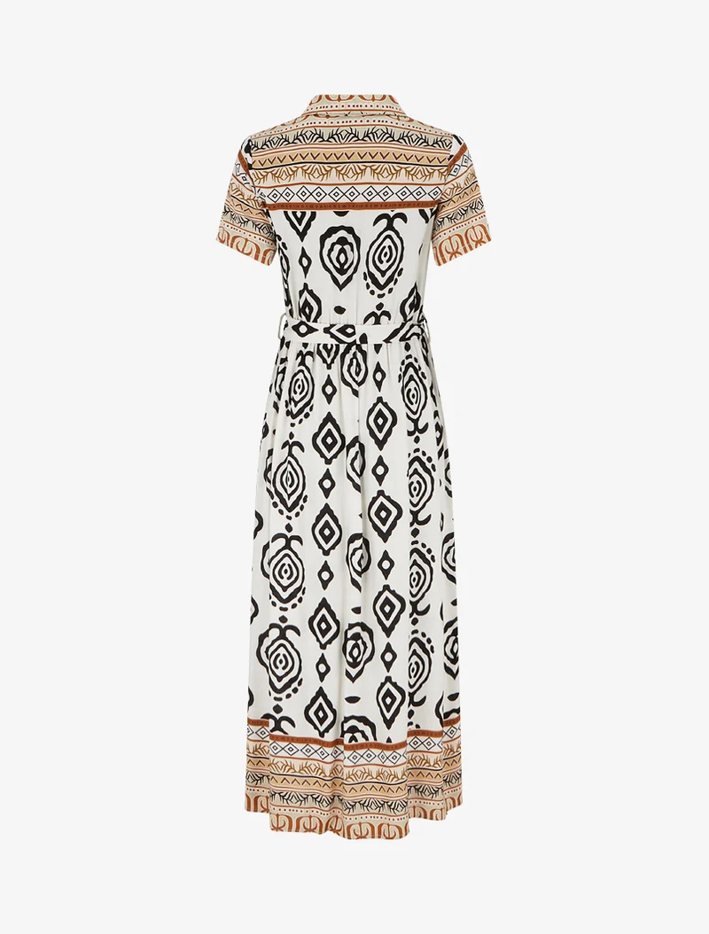 Ausgestelltes langes Kleid mit grafischem Druck - Weiß/Braun